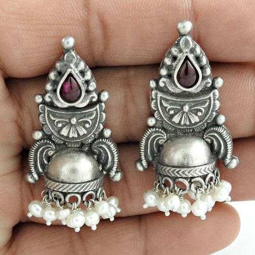 Garnet Pearl Gemstone Oxidized Sterling Silver Antique Look Jhumka Jewelry