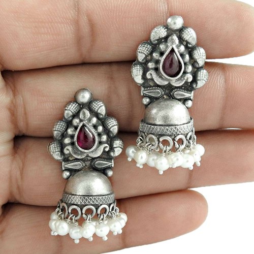 Daily Wear Ruby Pearl Gemstone Oxidized Sterling Silver Antique Jhumka Jewelry