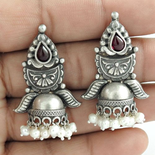 Oxidized Sterling Silver Jhumki Ruby Pearl Gemstone Earring Jewelry