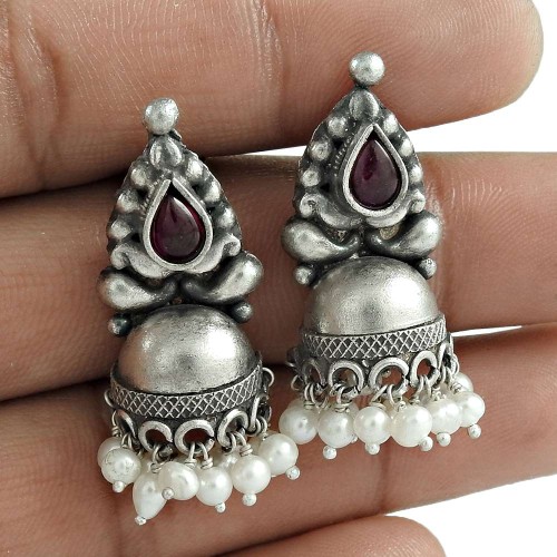 Ruby Pearl Gemstone 925 Sterling Silver Designer Jhumki Traditional Jewelry