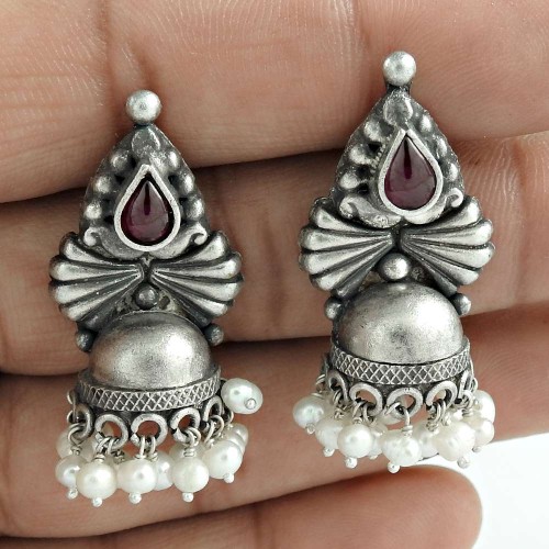 Beautiful Ruby Pearl Gemstone 925 Sterling Silver Antique Jhumki Handmade Jewelry