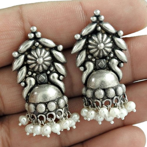Daily Wear Pearl Jhumki Oxidized Sterling Silver Earring Wholesale Jewelry