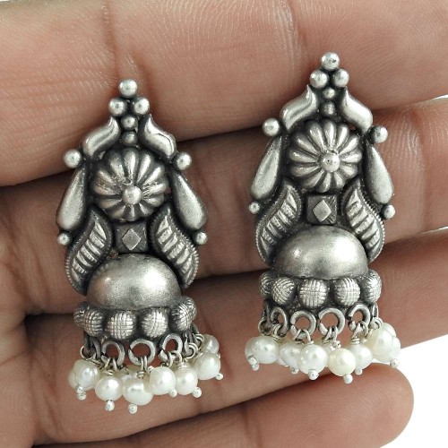 Natural Pearl Jhumki Oxidized Sterling Silver Earrings Ethnic Jewelry