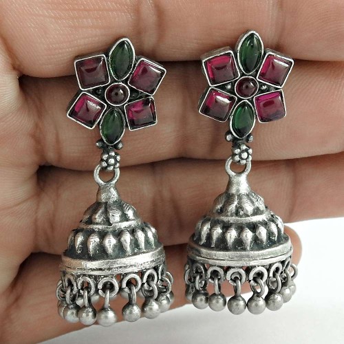 Possessing Good Fortune Green Onyx Ruby Gemstone 925 Sterling Silver Jhumki Traditional Jewelry