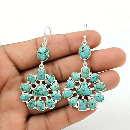 Daily Wear 925 Sterling Silver Turquoise Gemstone Earring Vintage Jewelry H13