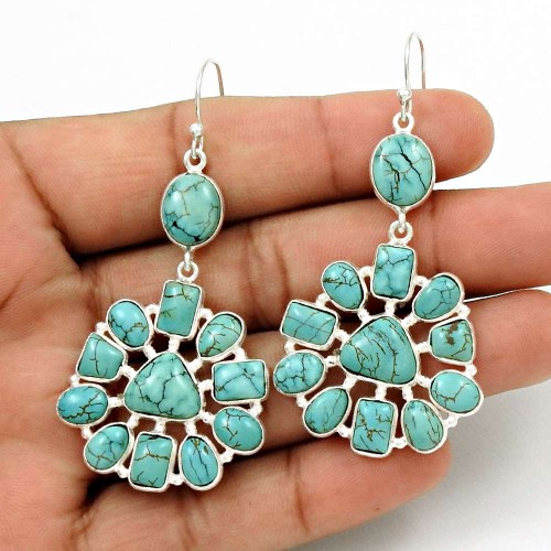 Pretty 925 Sterling Silver Turquoise Gemstone Earring Vintage Jewelry R10