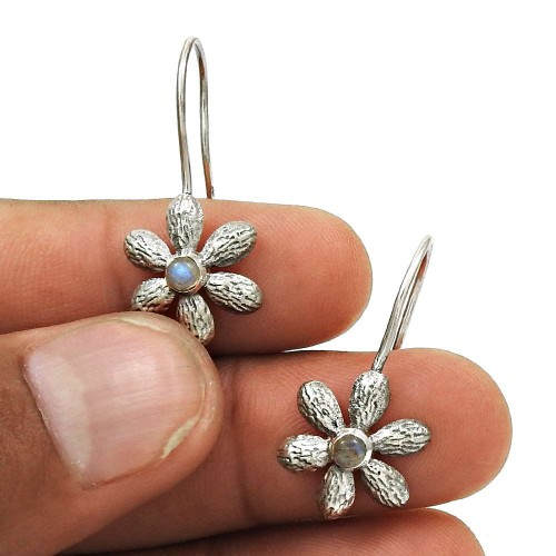 Pleasing 925 Sterling Silver Rainbow Moonstone Flower Earring Antique Jewelry L2