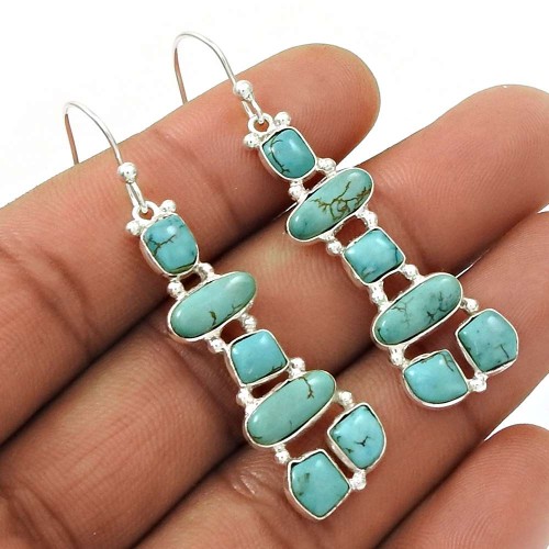 Natural TURQUOISE HANDMADE Jewelry 925 Sterling Silver Inukshuk Earring VT38