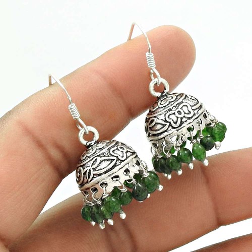 Natural GREEN ZADE Gemstone Jhumki Earring 925 Silver HANDMADE Jewelry AF16