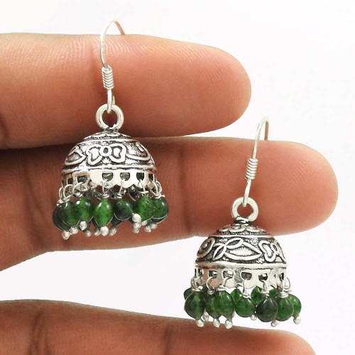 HANDMADE 925 Silver Jewelry Natural GREEN ZADE Gemstone Jhumki Earring AW17