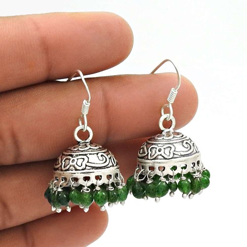 Natural GREEN ZADE Gemstone Jhumki Earring 925 Silver HANDMADE Fine Jewelry AY17
