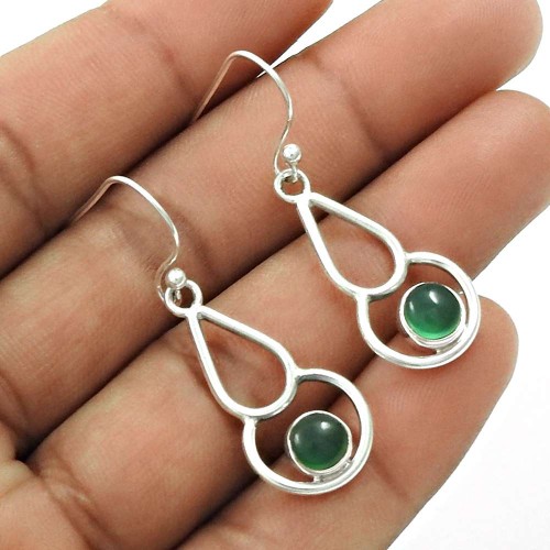 Natural GREEN ONYX Gemstone Earring 925 Silver HANDMADE Fine Jewelry AZ18