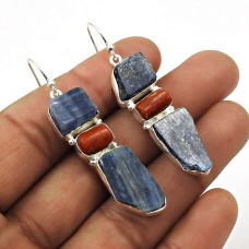 Kyanite Coral Rough Stone Earring 925 Sterling Silver Indian Handmade Jewelry A4