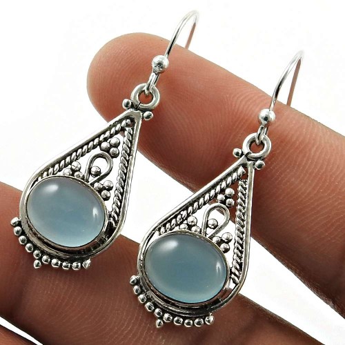 Chalcedony Gemstone Artisan Earring 925 Sterling Silver Traditional Jewelry H5
