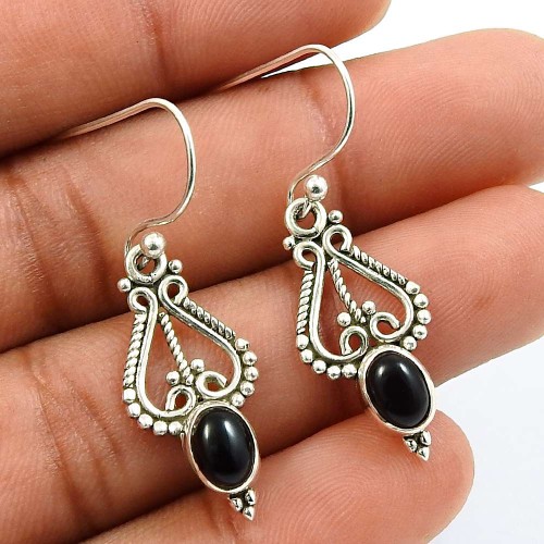 Black Onyx Gemstone Earring 925 Sterling Silver Indian Handmade Jewelry U9