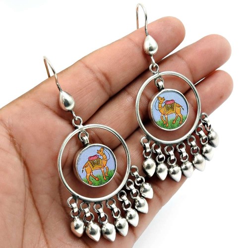 Glass Painting Earring 925 Sterling Silver Vintage Look Jewelry Z14