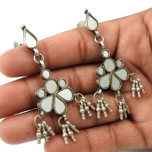 White Glass Earring 925 Sterling Silver Indian Handmade Jewelry E15