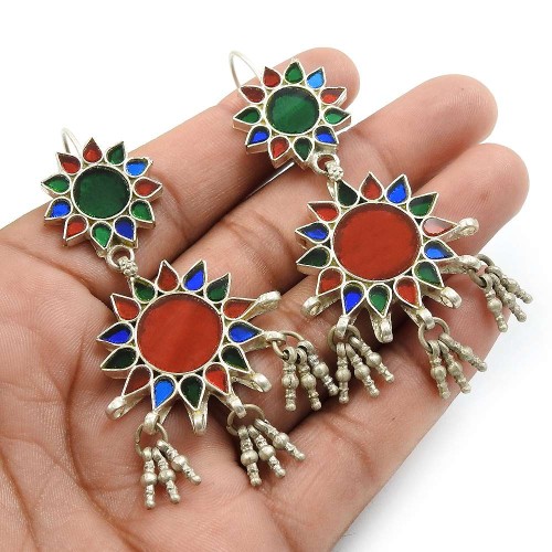 Multi Color Glass Earring 925 Sterling Silver Tribal Jewelry L15
