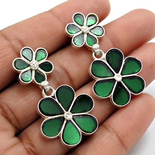 Green Glass Earring 925 Sterling Silver Vintage Jewelry Q3