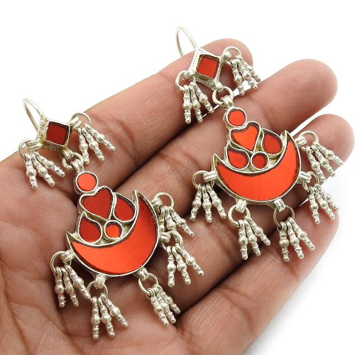 Red Glass Earring 925 Sterling Silver Tribal Jewelry V15