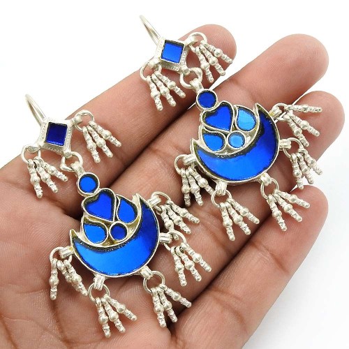 Blue Glass Earring 925 Sterling Silver Handmade Jewelry W15