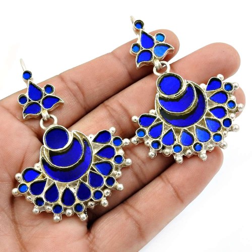 Blue Glass Earring 925 Sterling Silver Indian Handmade Jewelry Y15