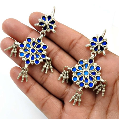 Blue Glass Earring 925 Sterling Silver Traditional Jewelry B16