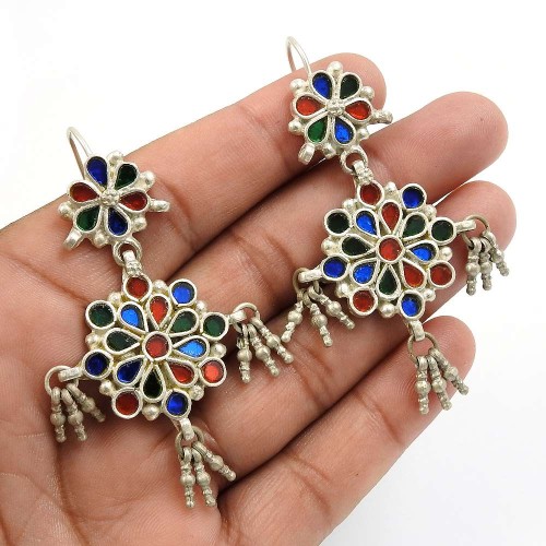 Multi Color Glass Earring 925 Sterling Silver Ethnic Jewelry C16