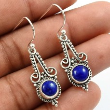925 Sterling Fine Silver Jewelry Round Shape Lapis Lazuli Gemstone Earrings X5