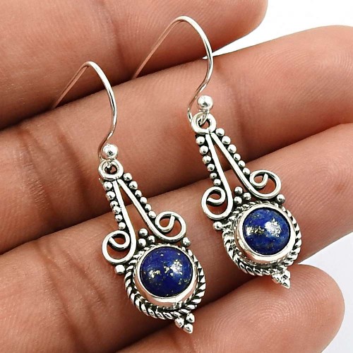 925 Sterling Silver Jewelry Round Shape Lapis Lazuli Gemstone Earrings Y5