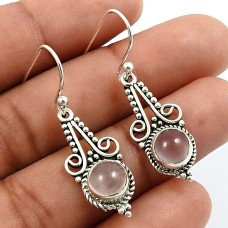 925 Sterling Fine Silver Jewelry Round Shape Rose Quartz Gemstone Earrings A6