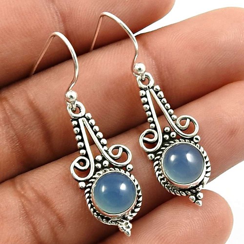 925 Sterling Fine Silver Jewelry Round Shape Chalcedony Gemstone Earrings J6