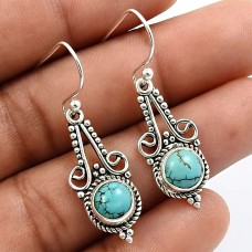 Round Shape Turquoise Gemstone Earrings 925 Solid Sterling Silver Jewelry R5