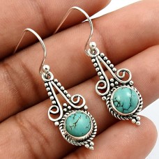 925 Sterling Fine Silver Jewelry Round Shape Turquoise Gemstone Earrings S5