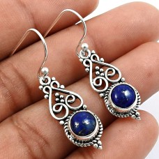 925 Sterling Silver Jewelry Round Shape Lapis Lazuli Gemstone Earrings V6