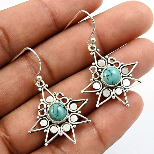HANDMADE 925 Sterling Silver Jewelry Round Shape Turquoise Gemstone Earrings P7