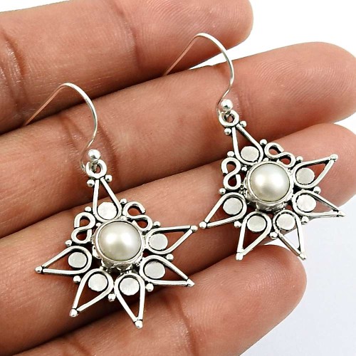Round Shape Natural Pearl Jewelry 925 Solid Sterling Silver Earrings V7