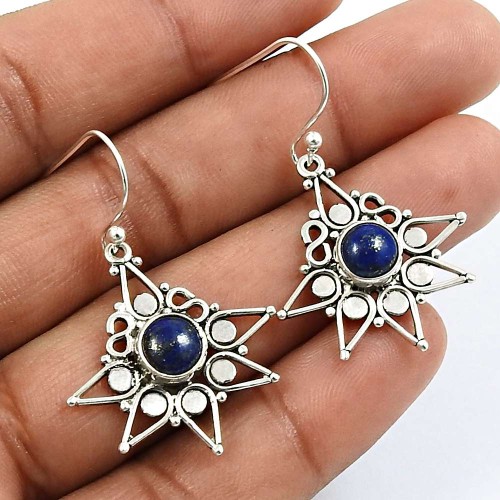 Round Shape Lapis Lazuli Gemstone Jewelry 925 Sterling Silver Earrings X7