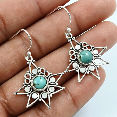 Round Shape Turquoise Gemstone Earrings 925 Solid Sterling Silver Jewelry N7