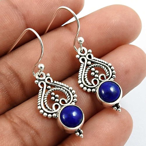 Round Shape Lapis Lazuli Gemstone Earrings 925 Sterling Silver Jewelry S8