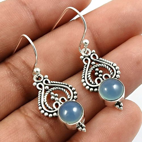 Round Shape Chalcedony Gemstone Jewelry 925 Solid Sterling Silver Earrings G9