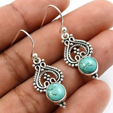 Round Shape Turquoise Gemstone Earrings 925 Solid Sterling Silver Jewelry L8