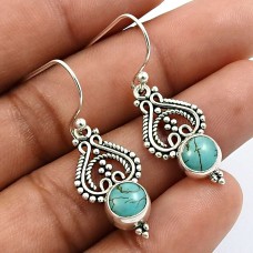 HANDMADE 925 Sterling Silver Jewelry Round Shape Turquoise Gemstone Earrings M8