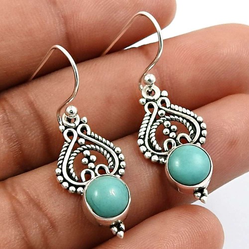 Round Shape Turquoise Gemstone Jewelry 925 Solid Sterling Silver Earrings N8