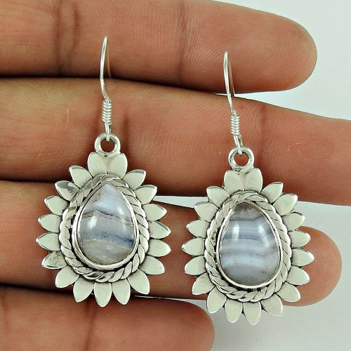 925 Sterling Silver Jewelry Fashion Blue Lace Agate Gemstone Earrings