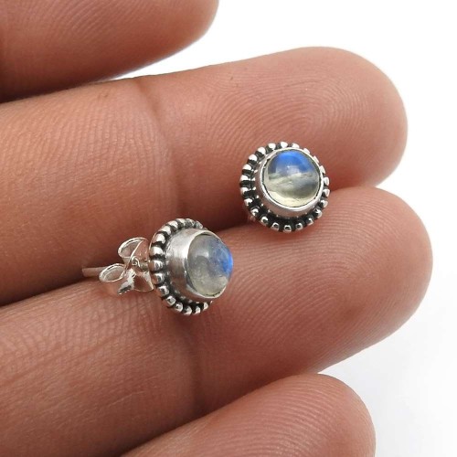 Rainbow Moonstone Gemstone Jewelry 925 Sterling Silver Stud Earrings T27