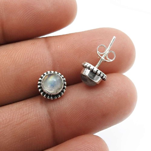 925 Sterling Silver Jewelry Rainbow Moonstone Gemstone Stud Earrings Y27