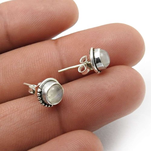 925 Sterling Fine Silver Jewelry Rainbow Moonstone Gemstone Stud Earrings W31