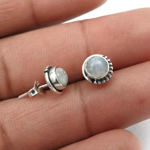 Rainbow Moonstone Gemstone Stud Earrings 925 Sterling Silver Jewelry Y31
