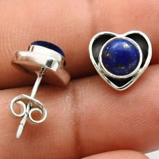 Anniversary Gift 925 Sterling Silver Jewelry Lapis Lazuli Gemstone Heart Stud Earrings V4